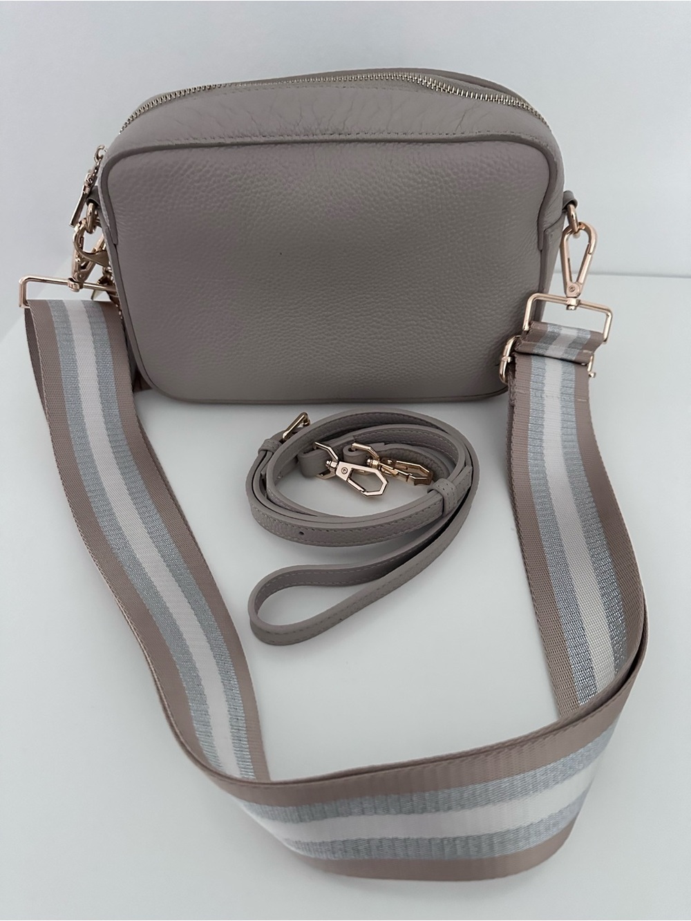 Taupe Crossbody Camera Bag with Striped Adjustable Strap and leather strap